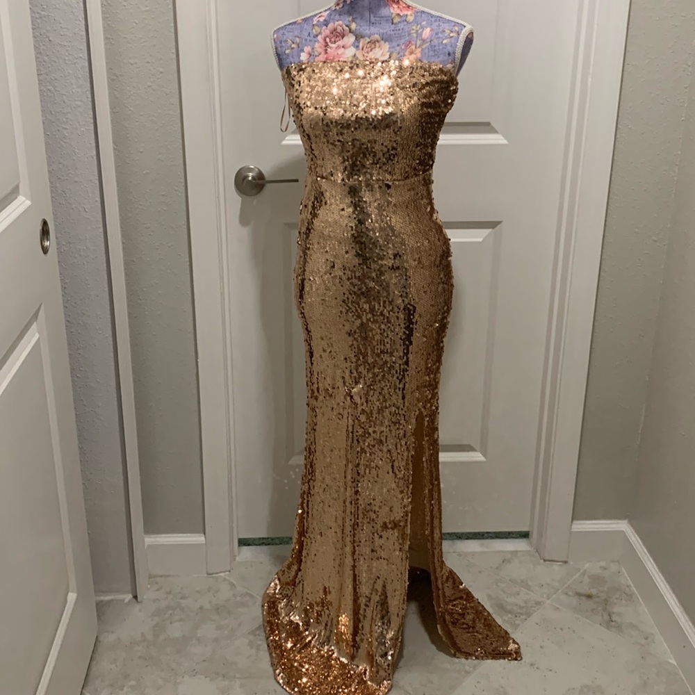Rose gold colored prom dress